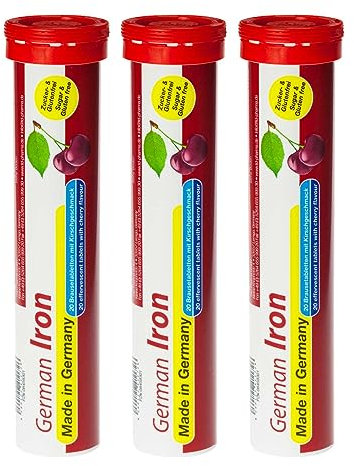 German Iron Drink Effervescent Tablets 60 Servings - Cherry Flavour – 14 mg Iron, Sugar Free, Vegan – T&D Pharma – Made in Germany