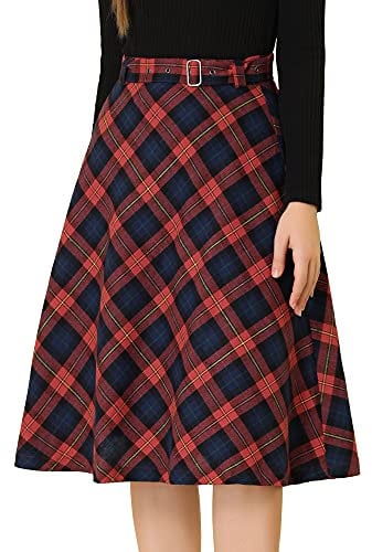 Allegra K Damen Kariert Rock Schottenrock Knielang A Linie High Waist Colorblock Midirock Rot blau XXL