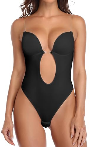 SHAPERIN Womens Backless Bodysuits Deep V Neck Shapewear Thong Bodysuit Push Up Bra Strapless Body Shaper Underwear for Party Wedding, Black, XL