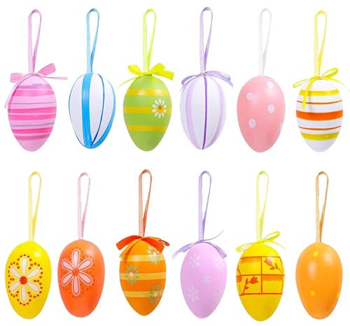 Ostereier zum Aufhängen, Dekoration, 12 Stück Ostereier aus Kunststoff für den Osterbaum, bunte Ostereier bemalte Eier für Zuhause, Party-Dekoration