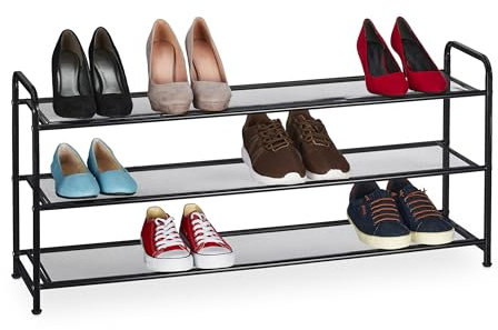 Relaxdays Schuhregal, 12 Paar Schuhe, HxBxT: 48 x 100 x 25,5 cm, Metall Schuhablage, schmal, 3 Ablagen, Flur, schwarz
