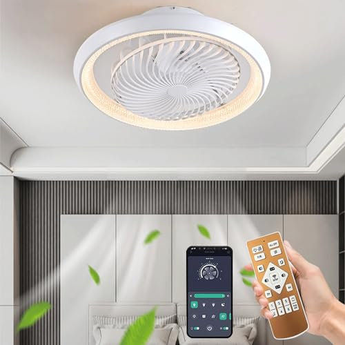 Qiaomao Ventilador Silencioso de Techo con Luz y Mando a Distancia/APP, 49cm Lampara Ventilador Techo sin Aspas 6 Velocidades 3 Tonalidades, Temporizador, Función Verano-Invierno (72w, Blanco)