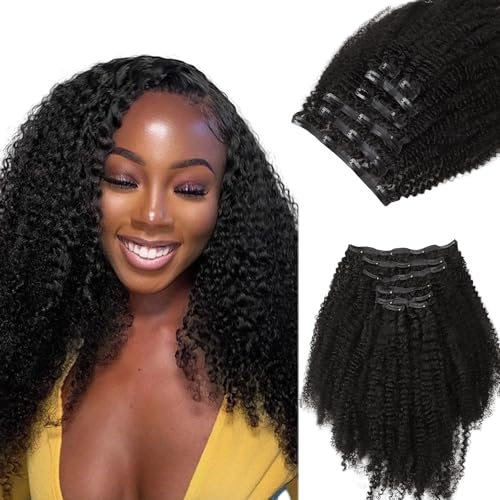 Lashey Clip in Extensions Echthaar Afro Kinky Lockig 110g 7 Stück Nahtlose Clip in Haarverlängerung Natürliches Schwarz Remy Menschliches Haar with PU Wefts 40cm(16 Zoll)