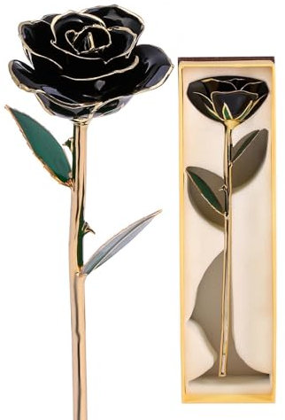 Véritable Rose Noire à Longue Tige Trempée en Or 24 Carats pour Un Amour éternel, Coffret Inclus
