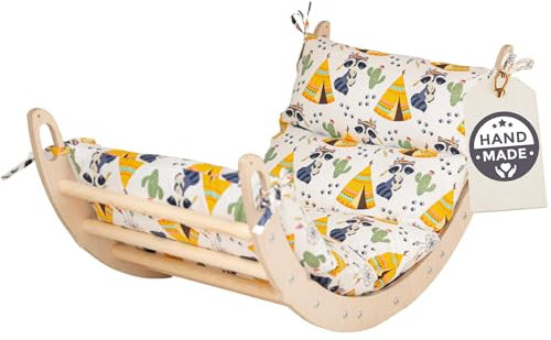 WoodsCraft Kletterbogen mit Kissen - Holz Klettergerüst Indoor - Hypoallergen Kissen für Kletterbogen, Holzwippe, Bogenwippe - Montessori Kletterspielzeug - Baby Klettern Indoor - Wippe Kinder