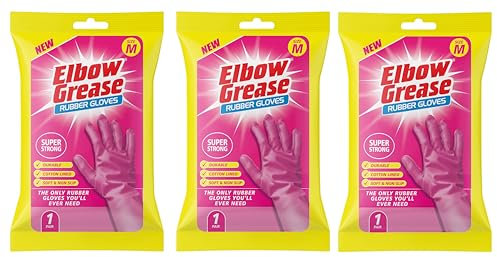 Ozmoint Multipack - Elbow Grease Super Strong Cleaning Rubber Gloves - Pink Latex Gloves, Medium 7 1/2 & Large 8 1/2, Cotton Lined, Soft & Non-Slip (3, Medium)