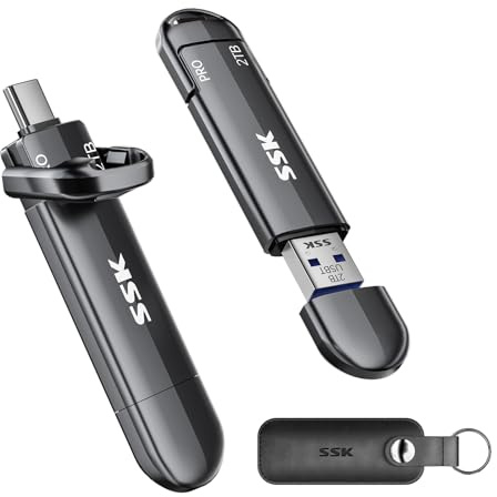 SSK 2TB Flash Drive, External SSD Up to 1000MB/s, Dual Port USB C & USB 3.2, Zinc Alloy Portable Thumb Drive Stick for iPhone 15/16 Pro, Mac, Android OTG, PC Backup Storage