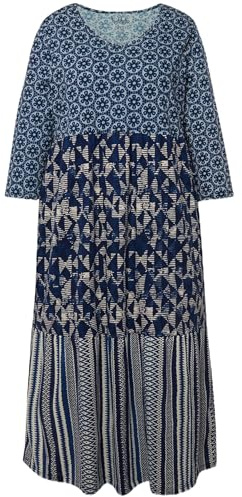 Ulla Popken Damen große Größen Übergrößen Plus Size Jerseykleid, Mustermix, A-Linie, V-Ausschnitt, 3/4-Arm Marine 50+ 832135130-50+