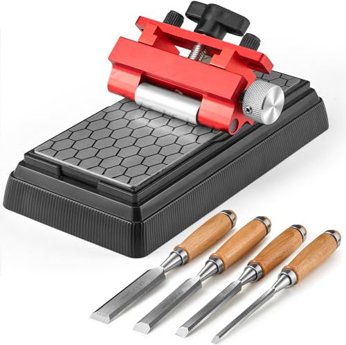 Feidyns Chisel Sharpening Kit, Feidyns Red Off Center Upgraded Chisel Sharpener Jig(with Top Reinforcement Screws) and Diamond Sharpening Stone with 400/1000 Grit for Chisels Planes