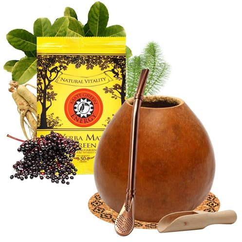 Yerba Mate Tee Set – Natürliche Kürbis Kalebasse mit Edelstahl Bombilla Strohhalm, 50g Yerba Mate Green Energy, Mate Gourd Set & Zubehör