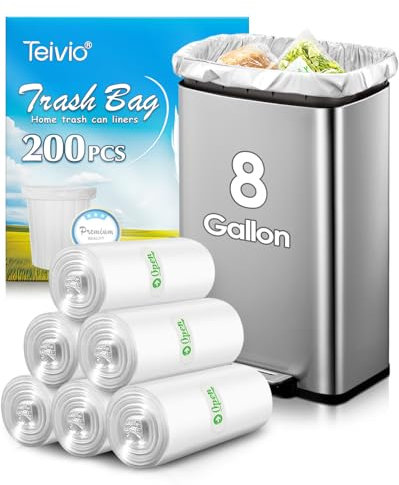 30 Liter 200 Counts Strong Unscented Medium Bin Bags,Fit 25,30,35L Rubbish can by Teivio, 8 Gallon Thick Bathroom Pedal Bin Liners, Plastic Bags for Home Office Kitchen, Clear