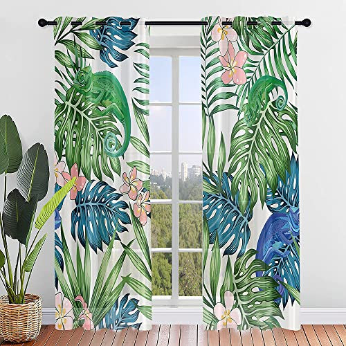 Surwin 3D Pflanzenmuster Vorhänge, 2 Stück Gardinen mit Ösen, Modern Transparent Vorhänge Wohnzimmer Polyester Gardinen Küche Fenster Wohnzimmer Schlafzimmer (132x160cm,Monstera)