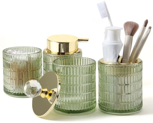 DASITON Badezimmer Zubehör Set aus Glas, 4-teiliges Badezimmer Set von Seifenspender, Zahnbürstenhalter, Zahnputzbecher, Wattestäbchen Behälter, Deko Bad Sets Hochwertiges Badaccessoires Sets (Grün B)