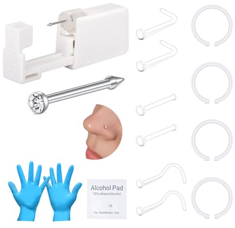 AVYRING Nasenpiercing-Set, Piercing-Pistole mit integriertem Diamant-Nasenstecker, Schmerzloses Selbstpiercing-Set mit 20G klaren Nasensteckern, Einweg-Piercing-Pistole für Nasenpiercing zu Hause