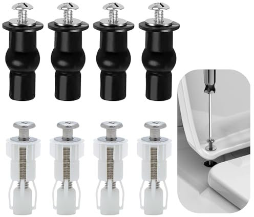 SANGFUN 8-teilige WC Deckel Befestigung, Universal-Edelstahl-Schrauben und Bolzen WC Sitz Befestigung, Versenkbare Nylon-Deckel-Montagebolzen（Schwarz & Weiß）