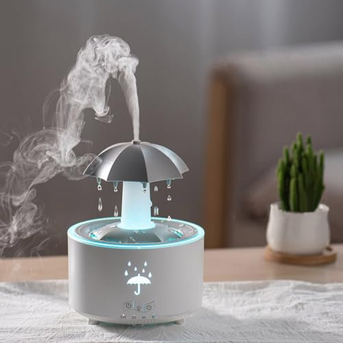 Umbrella Humidifier, Rotating Umbrella Diffuser with Water Droplets, Aroma Humidifier Rain, Umbrella Waterfall Humidifier with Rain Effect, 7-Color LED Rotating Aroma Diffuser with Remote (White)