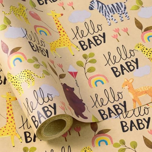 RUSPEPA Rouleau De Papier Cadeau Pour Baby Shower - 43,2Cm X 5M - Motif Animal Mignon, Papier Kraft - Idéal Pour Les Cadeaux De Naissance Ou Neutres, Les Anniversaires D'Enfants Et Les Baby Showers