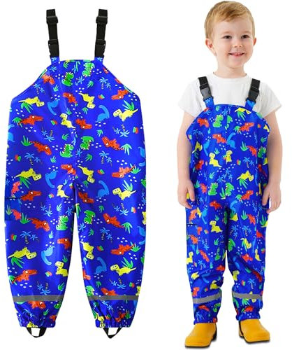 JinBei Kids Waterproof Trousers Boys Girls Rain Dungarees Windproof Mud Jumpsuit Blue Dinosaur Adjustable Strap Lightweight with Reflective Strip Pocket Rain Overalls Pants Age 4-5 Years
