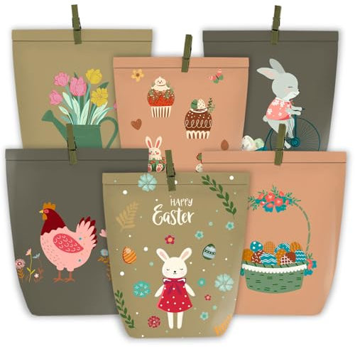 PANSIBY Geschenktüten Ostern, Osterhasen Tüten zum Verzieren und Befüllen, 12 DIY Braun Grün Bedruckte Ostertüten mit Holzklammern