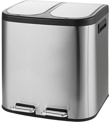 QPQPQ Rectangular Dual Compartment Kitchen Trash, Stainless Steel Garbage Can, Smudge Resistant Trash Can with Lid & Foot Pedal,Silver,20L
