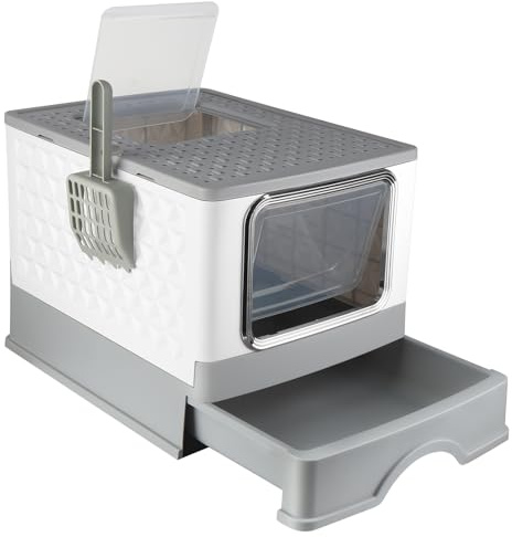 OHMG Katzentoilette mit Schaufel, geschlossenes Katzenklo, abnehmbare Ränder, auslaufsicher, für erwachsene Katzen, Kätzchen, Kaninchen, BPA-frei, Öffnung oben, abnehmbarer Auffangbehälter