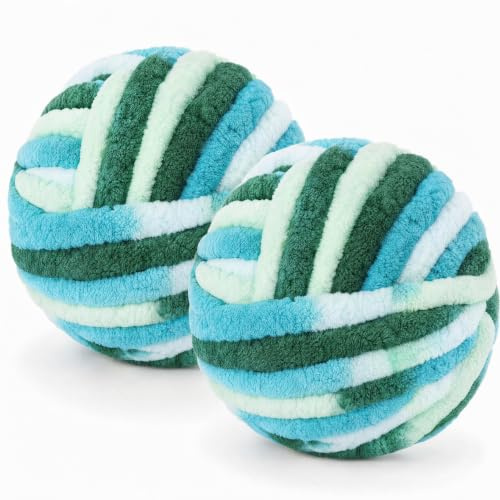 Chunky Yarn Wool 2×250g 54m, XXL Soft Fluffy Chunky Wool for Hand Knitting | 2CM Thick Jumbo Chunky Wool Balls Blanket Yarn for Scarves, Bags, Hats, Pillow, Cushion, DIY Crafts (Colorfulgreen)