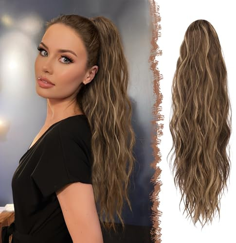 FESHFEN Extension Queue de Cheval avec Pince - Postiche Cheveux Naturel Ondulé Longue Ponytail Extensions Synthétique Fausse Rajout Postiches pour Femmes, 63 cm Blond Miel Mélangé Brun Clair