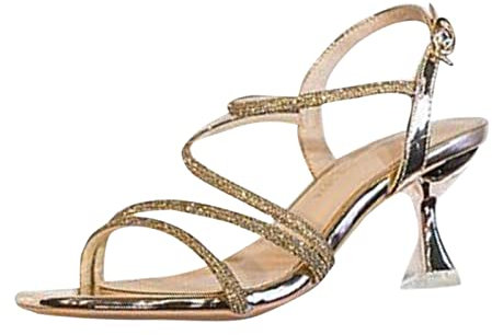 Metallo Tacco Alto Sottile Nastro Point Pantofole Tacco Sottile Scarpe Moda Nove Sandali per le Donne 7, Oro, 36.5 EU