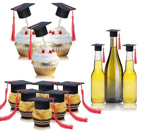 12 Stück Schwarz Cake Topper Abschluss Hut Torten Deko, Doktorhut Tortendeko, Mini Weinflasche Deko mit Rot Quasten, Abschluss Kuchen Deko für Graduation Party, Abschlussfeier