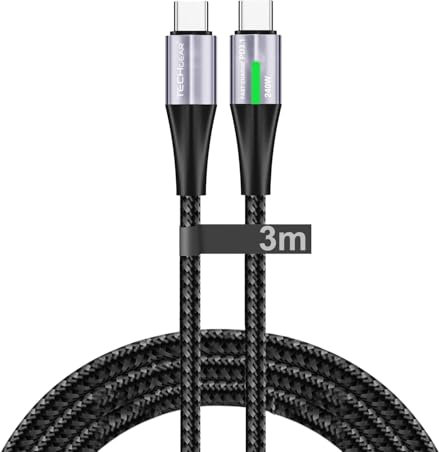 TECHGEAR USB C to USB C Charger Cable, 240W PD3.1 [3M] Long Type C Super Fast Charging LED Light Indicator Lead for MacBook Pro, HP Dell Asus Acer Laptop, iPad Pro/Air, S25 S24, iPhone 17 16, PS5 etc