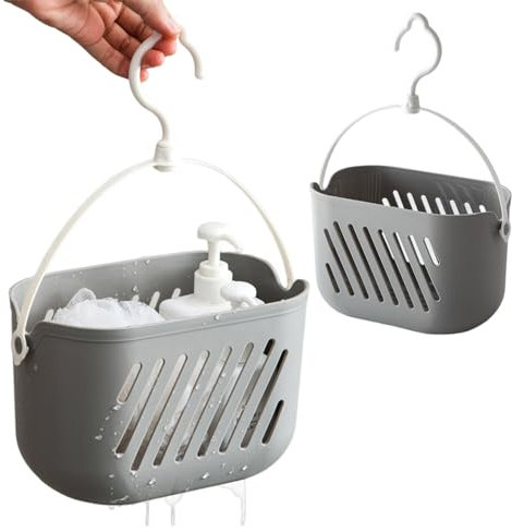 Obelunrp Organizzatore per doccia sospeso, cestino per doccia sospeso in plastica da 2 pezzi con gancio, cesto di stoccaggio, caddy per il bagno della cucina (grigio)