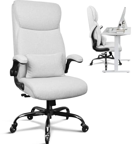 BASETBL Ergonomischer Bürostuhl, Schreibtischstuhl Stoff mit doppelt gebogener hoher Rückenlehne, Gummirollen, unabhängiger Lendenstütze, 3-Fach arretierbar, klappbare Armlehnen, Chefsessel, EN12520