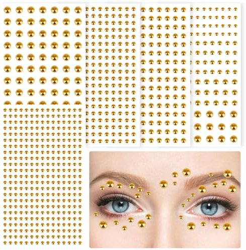 FEMBW Strass Autocollant Visage Auto-Adhésifs, 973 Pièces 3/4/5/6mm Strass Visage Festival Paillettes Strass pour Visage, Yeux Corps, Cheveux, Ongle Nail Art(Doré)