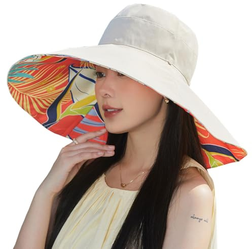 Capeline d'été Femme Chapeau de Soleil Pliable Anti-UV UPF 50+ Capeline Coton Confortable Respirant Casquette de Protection Solaire Large Bord Chapeau de Seau Réversible pour Plage Voyage Vacances