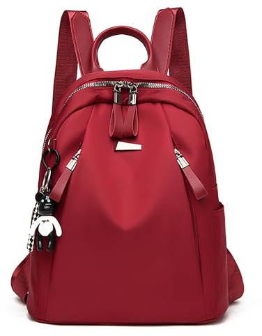 Damen Rucksack – Moderner Cityrucksack mit Reißverschluss & Bärchen-Anhänger – Wasserabweisender Rucksack für Alltag, Schule, Reisen & Freizeit – Leicht, robust, modisch Schwarz & Rot (Rot)