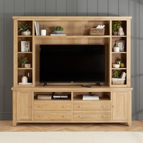 Cheshire Whitewash Oak XXL Widescreen TV Media Wall Unit | Solid Oak Entertainment Center | Fits TVs up to 60” | Shaker Style | Adjustable Shelves | Whitewashed Finish | H 2000 x W 2200 x D 435mm