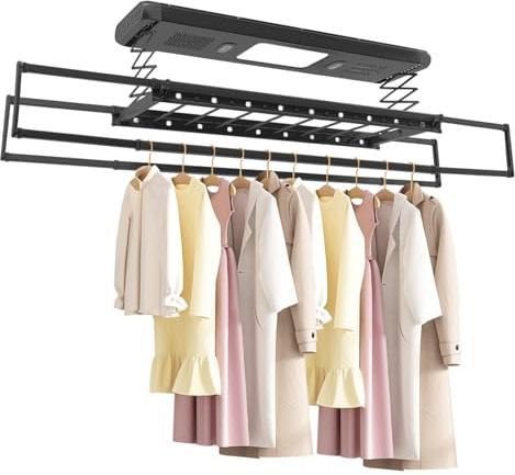 NaMaSyo Séchoir à linge électrique avec télécommande et ventilateur - Sèche-linge de plafond suspendu - Séchoir mural et de plafond - Éclairage LED (noir)
