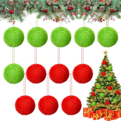 Pompons Weihnachten, 12 PCS Pelzige Weihnachtskugeln, Tree Hanging Decorations, Weihnachts-Pompons, Weihnachtsbaum Anhänger, für DIY Weihnachtsbaum, Kamin- und Wanddekoration (Rot + Grün)