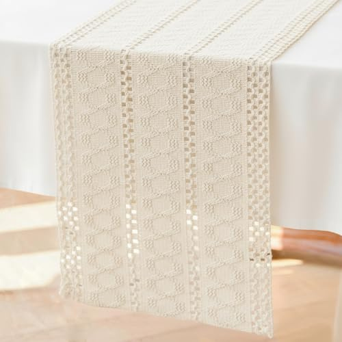 Brylleii Häkel Tischläufer Weiß Natur Beige Creme Boho Makramee Deko Tisch Läufer Modern 30 x 240 cm Baumwolle Leinen Landhausstil Tischdecke Schmal Abwaschbar Table Runner für Hochzeit Frühling