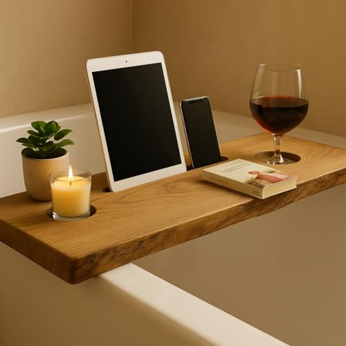 Handgefertigte Badewannenablage aus Eiche Massiv, Rustikale Baumkante, mit Tablet- und Glashalter, 75/85/95 x 20 x 2 cm (95cm breit)