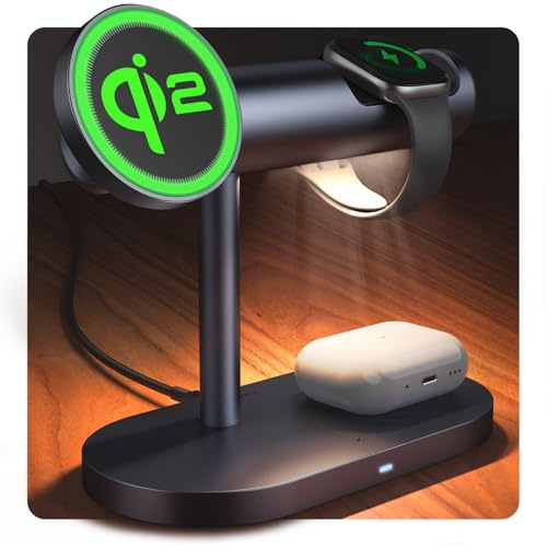 iVANKY 4 in 1 Qi2 Certificato Wireless Charger Stand per iPhone 17 Air, Night Light per MagSafe Charging Station, 25W Charge per iPhone 17/16/15/14/13/12/11 Plus/Pro/Max, Apple iWatch, Airpods Pro 2/3