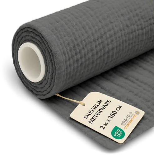 Musselin Meterware Baumwollstoff Stoff – weich leicht luftig zum Nähen | Musselinstoff luftig weich für Tuch Decke Tagesdecke Tischläufer Sommerkleid Oeko Tex 2 M x 160 cm Dunkelgrau