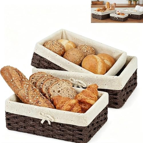 3 teiliges Brotkorb Set aus geflochtenem Papier seil mit Baumwollfutter, dekorative Aufbewahrungskörbe für Brot, Desserts, Küchenschublade & Wohnzimmer Braun