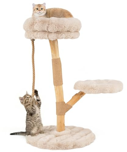 COSTWAY Arbre à Chat, Arbre a Chat Bois de Poirier, 3 Plateformes, Poteaux à Griffer en Jute, Corde en Jute, Tissu Peluche, Tour pour Chaton à 3 Niveaux, Chaque Charge 10 kg (90 cm,Beige+Naturel)