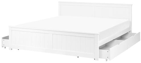 Beliani Holzbett Doppelbett Kiefernholz weiß mit 4 Schubladen Lattenrost 180 x 200 cm hohes Kopfteil Skandi Sabran