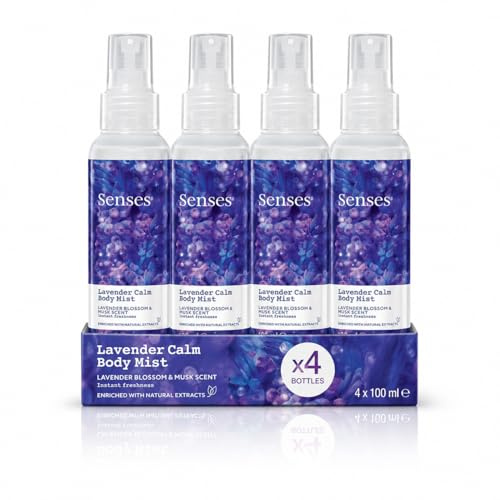 Senses Lavender Calm Body Mist 4 x 100ml Pack – Lavender Blossom & Musk Fragrance Spray – Long Lasting Refreshing Body Spray for Women – Light & Non-Sticky, Enriched with Natural Extracts