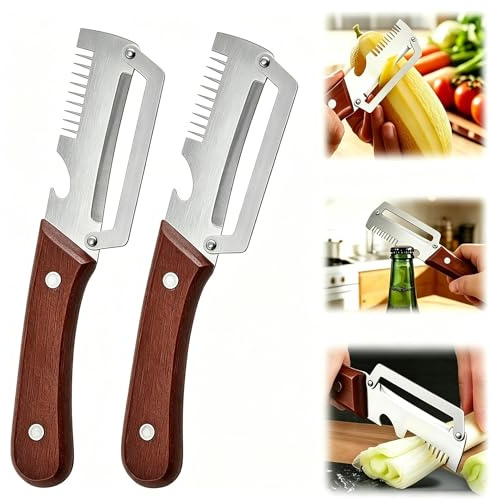 Multifunctional Vegetable Peeler, 2026 New 3-in-1 Peeler & Bottle Opener & Julienne Peeler, Multi Function Peeler Knife Stainless Steel Ergonomic Kitchen Tool for Potato Fruit Vegetable (2*Brown)
