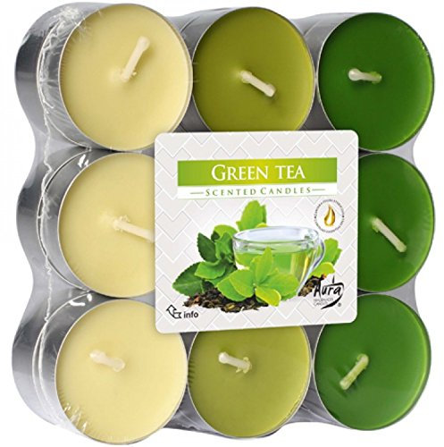 Lot de 6 bougies chauffe-plat parfumées 18 feuilles de thé vert dans un bloc de couleurs de clair à foncé.