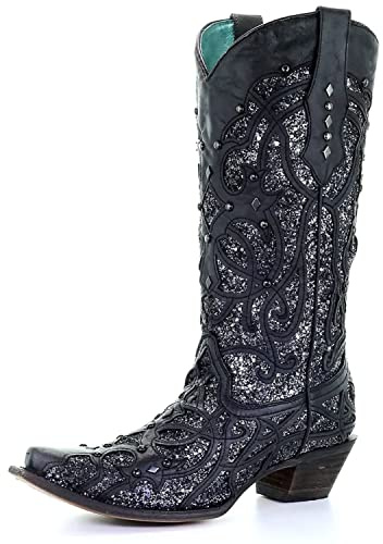 Corral Boots Damen Full-Grain Leather Orix Brown with Glitter Inlay and Studs Snip Toe Western Boots Stiefel