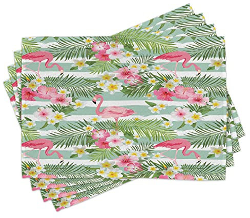 ABAKUHAUS Flamingo Platzmatten, Flamingos Mit Exotischen Hawaiien Blättern Blüht Auf Gestreiftem Vintage Hintergrund, Waschbare Stoff Esszimmer Küche Tischdekorations Digitaldruck, Mandelgrün Weiß